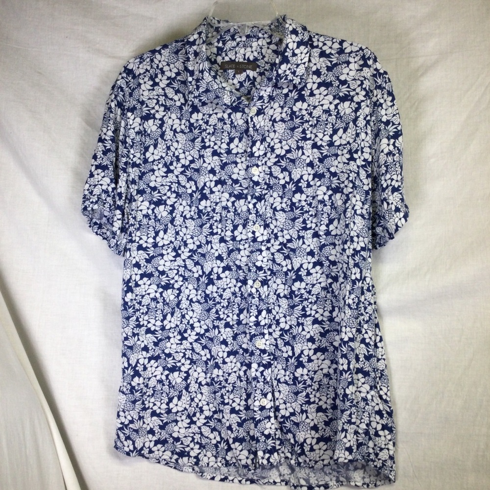Slate & Stone Mens Collared Short Sleeve Floral Blue & White Shirt Sz L